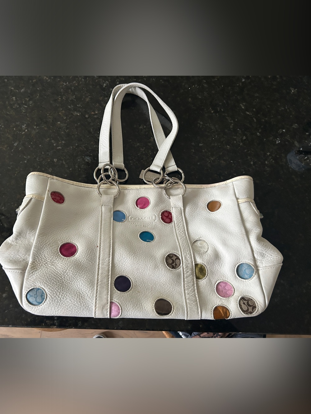 Coach White Leather Shoulder Tote with Multicolor Polka Inset Accents